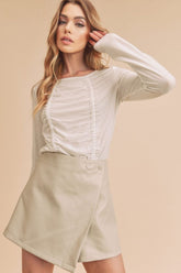 Aemi + Co Ruched Front Round Neck Long Sleeve T-Shirt White OutfitFlow